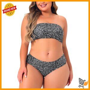 Plus Size Bandeau Bikini Set High Waist Off Shoulder Tropical Print